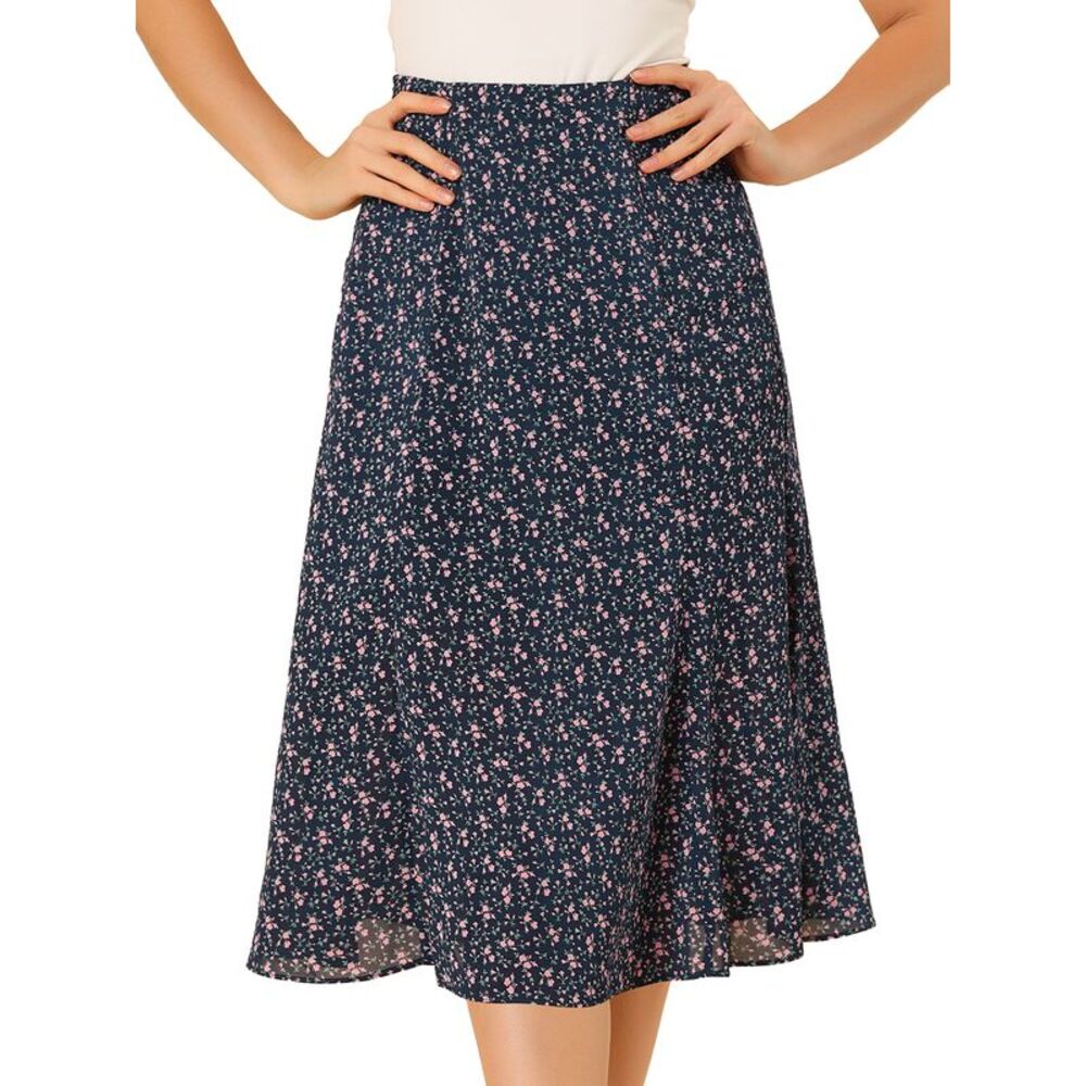 Women Floral Midi Skirt Peasant Elastic Waist A-Line Ditsy Leave Print Navy Pink